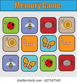 Educational Children Game, Kids Activity. Memory Game With Insects. Find Pairs Of Same Images