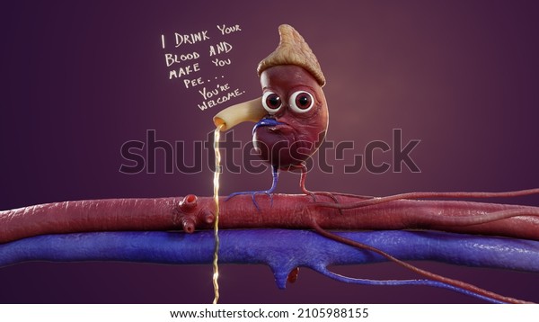 Educational Humorous 3D Graphic with Kurt the\
Kidney, featuring kidney, renal artery, renal vein, adrenal gland,\
text, ureter,\
urine