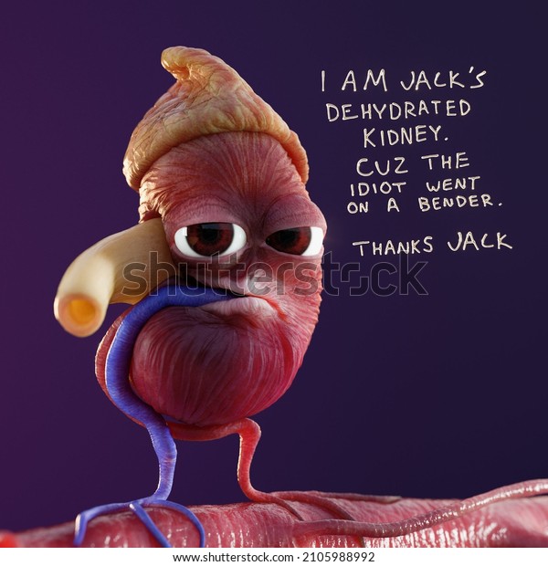 Educational Humorous 3D Graphic
with Kurt the Kidney, featuring dehydrated kidney, renal artery,
renal vein, adrenal gland, text, ureter, urine, after
hangover