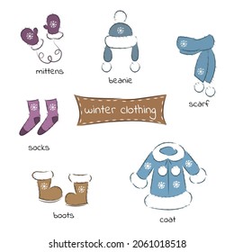 Educational illustrations for children Set of winter things Set of winter things. Collection of warm clothes for the whole family. Cartoon jackets, hats and scarf. Color illustration of a drawing for  - Powered by Shutterstock