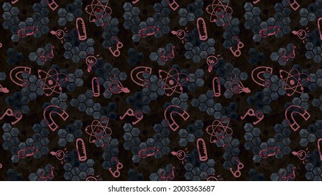 Educational Scientific Illustration With A Pattern Of Elements From The World Of Dark Academia Research And Human Learning Process Such As Eyeglasses, Laboratory Tools, Magnet, Atom And Light Bulbs