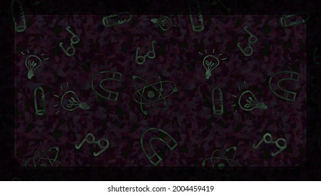 Educational Scientific Illustration With A Pattern Of Elements From The World Of Dark Academia Research And Human Learning Process Such As Eyeglasses, Laboratory Tools, Magnet, Atom And Light Bulbs