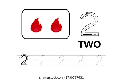 Educational worksheet for learning number two, featuring tracing guides, handwriting practice lines, counting objects, children develop early math, number recognition, writing skills, early childhood