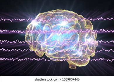 EEG Electroencephalogram, brain wave in awake state with mental activity, 3D illustration