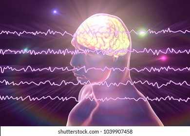 EEG Electroencephalogram, Brain Wave In Awake State With Mental Activity, 3D Illustration