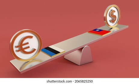 EEK Vs TWD Estonia Euro Vs Taiwan Doller Symbol Sign 3D Golden Currency On Seesaw And Both Countrys Flage 3D Render Isolated On Pink Background.