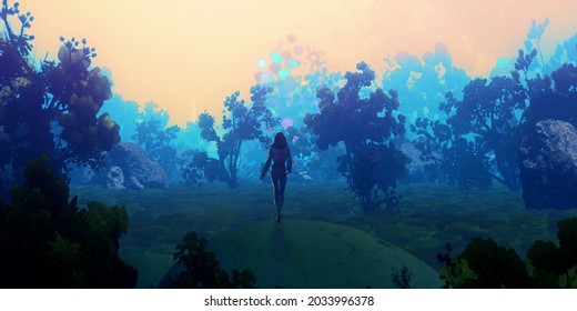Eerie forest scenery. Digital painting. Fictional abstract realm. Futuristic concept art. Colorful artistic landscape. 3D illustration.