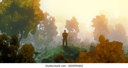 Eerie forest scenery. Digital painting. Fictional abstract realm. Futuristic concept art. Colorful artistic landscape. 3D illustration.