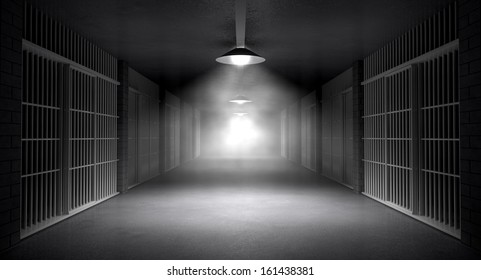 An eerie haunting corridor in a prison at night showing jail cells illuminated by various ominous lights
