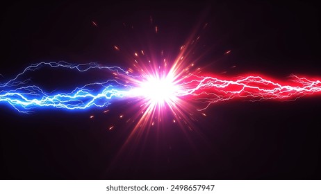 Effect image of conflicting lightning flying blue and red sparks.