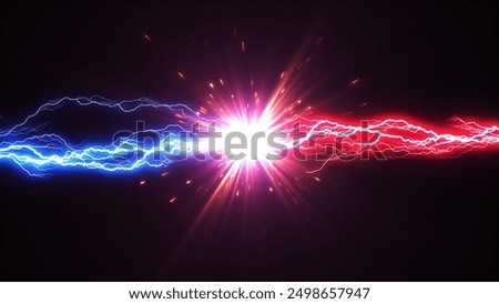 Effect image of conflicting lightning flying blue and red sparks.