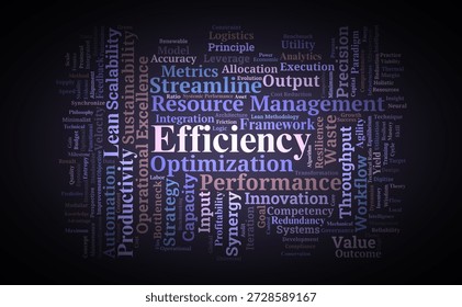 Efficiency Word Cloud. A professional summary of core concepts focusing on optimization, resource management, and maximizing performance while minimizing systemic waste.