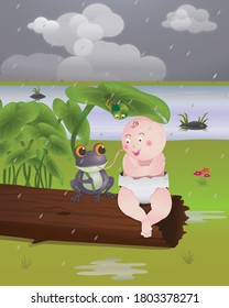 egg baby enjoying rain and frog   worm