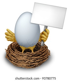 Egg In A Nest Holding A White Blank Sign With Humorous Baby Bird Wings And Legs Cracking The  White Shell Showing A Early Bird Anouncement With Editable Communication Message From A Twig Nest.