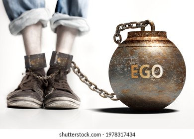 Ego can be a big weight and a burden with negative influence - Ego role and impact symbolized by a heavy prisoner's weight attached to a person, 3d illustration