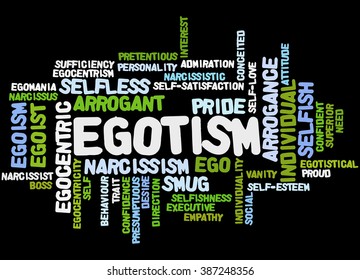 Egotism, Word Cloud Concept On Black Background. 