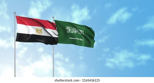 Egypt Flag With Kingdom Of Saudi Arabia Flag, 3D Rendering With Cloudy Sky