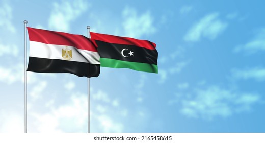 Egypt Flag With Libya Flag, 3D Rendering With Cloudy Sky