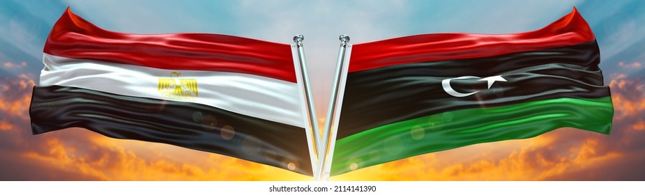 Egypt Flag And Libya Flag Waving With Texture Sky Clouds And Sunset Double Flag - 3D Illustration - 3D Render  