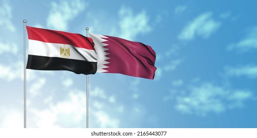 Egypt Flag With Qatar Flag, 3D Rendering With Cloudy Sky