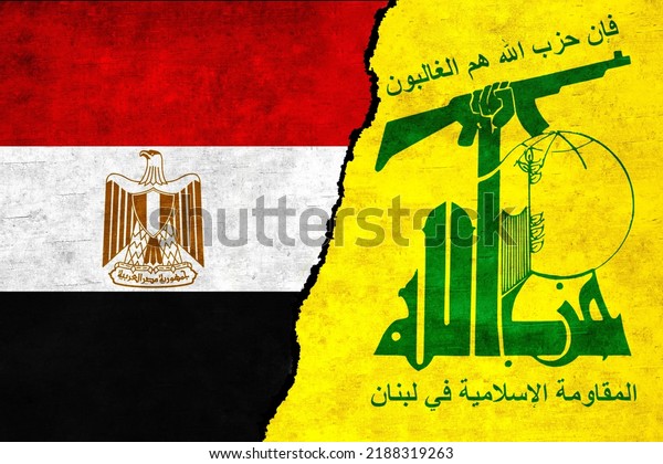 Egypt\
and Hezbollah painted flags on a wall with a crack. Hezbollah and\
Egypt relations. Egypt and Hezbollah flags\
together