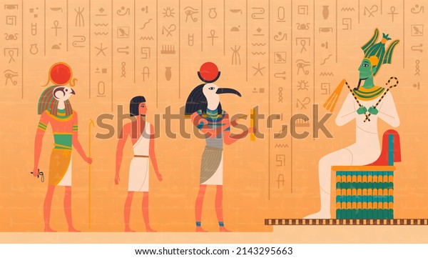 Egypt mural. Cultural ancient characters painting on wall historical egyptian background with gods osiris pharaoh anubis exact set