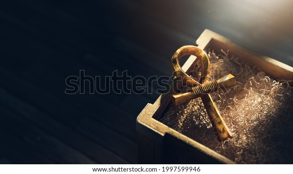 Egyptian ankh or key of life in a wooden crate.. high contrast image, 3D Rendering, illustration