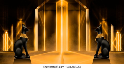 Egyptian background, a hall with columns in the golden light, the rays of light. Egyptian goddess Bastet. Background Ancient Egypt.