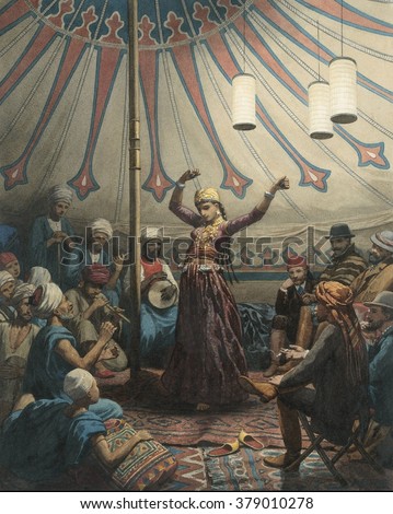 Egyptian Dancer in a Tent, by Willem de Famars Testas, 1863, Dutch Painting, watercolor. Young woman dancer performs with musician for audience of Arabs and Europeans.