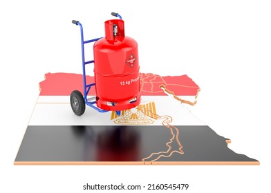 Egyptian Map With Propane Gas Cylinder On Hand Truck. Gas Delivery Service In Egypt, Concept. 3D Rendering Isolated On White Background