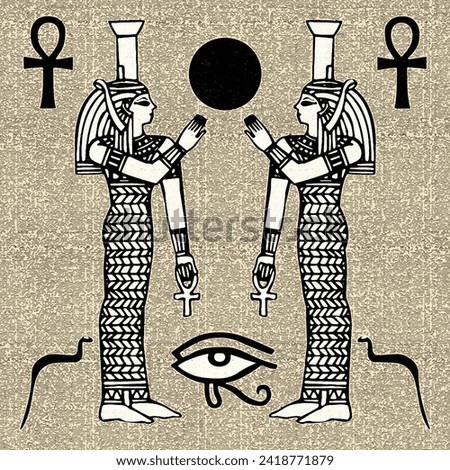 Egyptian motifs and symbols, presented in sepia, black, and golden yellow hues against a textured rustic backdrop. The artwork is formatted in a square layout
