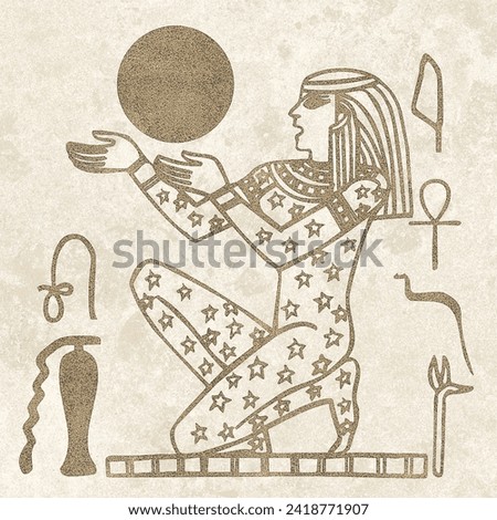 Egyptian motifs and symbols, presented in sepia, black, and golden yellow hues against a textured rustic backdrop. The artwork is formatted in a square layout