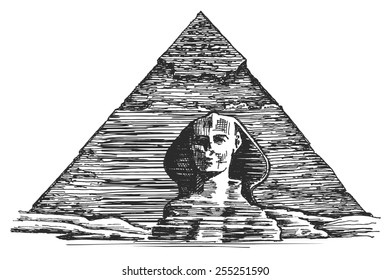 Egyptian Pyramid And The Sphinx On A White Background. Sketch