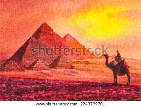 Egyptian pyramids. Camel animals. Egypt country. Watercolor painting. Acrylic drawing art.