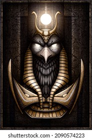 Egyptian Sun God - Ra with glowing eyes in a gold crown and armor. Ruler of an ancient civilization in the form of a bird - falcon on the background of a stone slab with hieroglyphics and cracks.