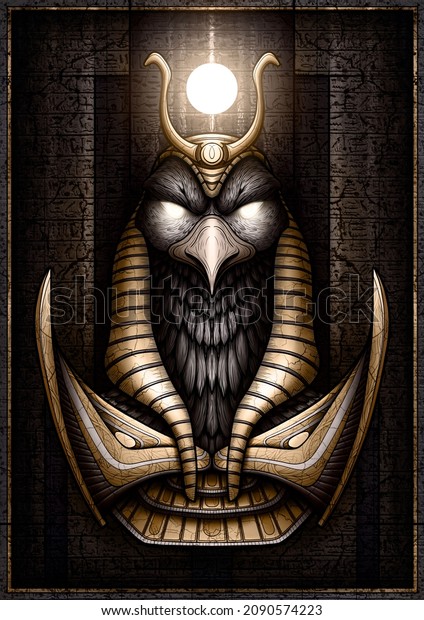 Egyptian Sun God - Ra with glowing eyes in a gold\
crown and armor. Ruler of an ancient civilization in the form of a\
bird - falcon on the background of a stone slab with hieroglyphics\
and cracks.