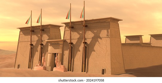 Egyptian Temple In The Desert 3d Illustration