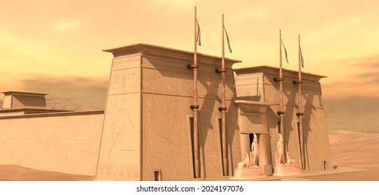 Egyptian Temple In The Desert 3d Illustration