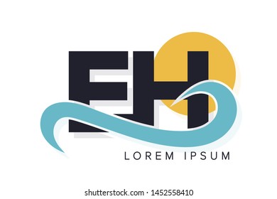EH letter logo with ocean waves and sunset. Beach concept design