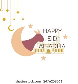 Eid al adha card ,illustrations ,graphics represents islamic culture ,eid sacrifice ,goat,moon,lantern,and islamic mosque . - Powered by Shutterstock