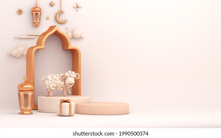 Eid al adha islamic decoration display podium background with goat sheep lantern crescent arabic window ramadan kareem, mawlid, eid al fitr, muharram, copy space text area, 3D illustration.