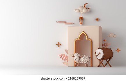 Eid al adha islamic decoration background with goat sheep mosque window bedug drum crescent, ramadan kareem, eid al fitr, muharram, copy space text area, 3D illustration.