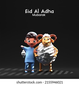 Eid Al Adha Mubarak Post Or Template Design With 3D Islamic Boy Holding Lamp And Cartoon Sheep On Black Background.