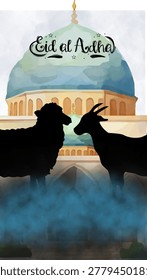 Eid al Adha vector featuring silhouettes of sacrificial animals and mosque. Symbolizing devotion and celebration of the Islamic festival