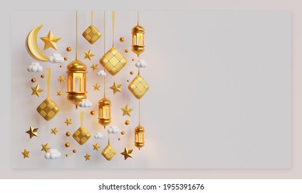 Eid Al Fitr Landing Page Template With 3D Rendering Of Ketupat, Lantern, Crescent, Star, And Cloud Composition