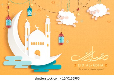 Eid al-adha calligraphy design in cute paper art style, crescent, mosque and hanging sheep on chrome yellow background Eid al-adha calligraphy design in cute paper art style, crescent, mosque and hanging sheep on chrome yellow background