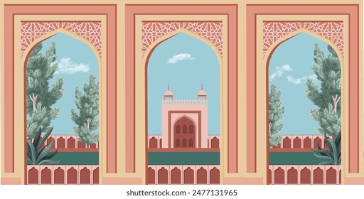 Eid Gah Mosque, Eid prayers place, mughal mosque. decorative tropical trees. Vector illustration.

 - Powered by Shutterstock