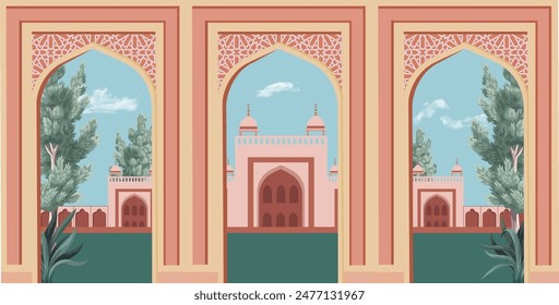 Eid Gah Mosque, Eid prayers place, mughal mosque. decorative tropical trees. Vector illustration.

 - Powered by Shutterstock