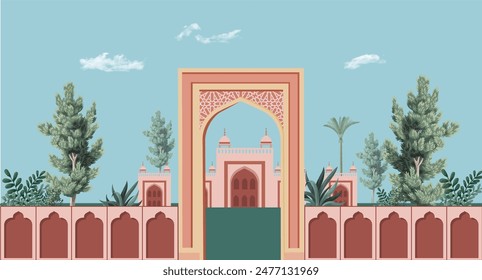 Eid Gah Mosque, Eid prayers place, mughal mosque. decorative tropical trees. Vector illustration.

 - Powered by Shutterstock