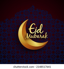 Eid Mubarak calligraphy sitting on top of a golden crescent moon